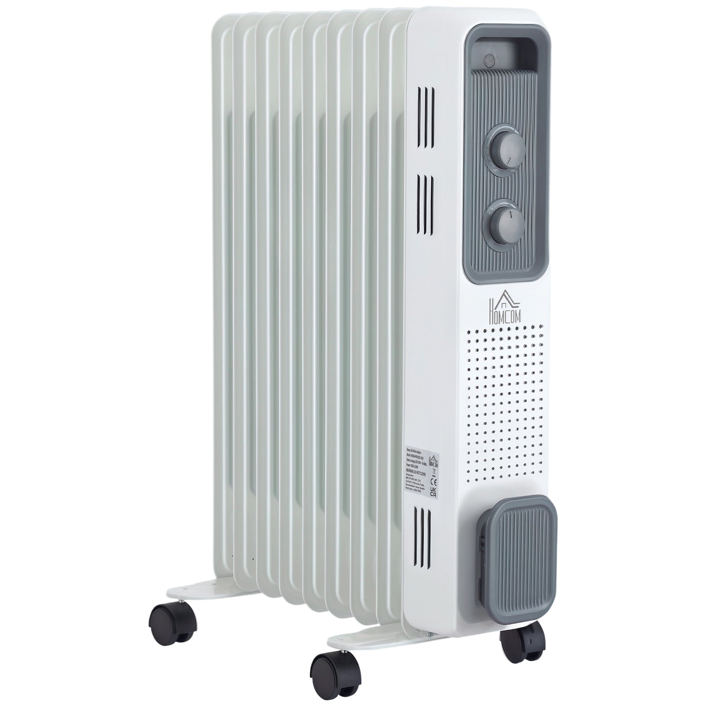 2000W Oil Filled Radiator, 9 Fin, Portable Electric Heater with 3 Heat Settings, Safety Cut-Off and Wheels, White