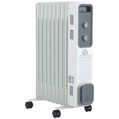 2000W Oil Filled Radiator, 9 Fin, Portable Electric Heater with 3 Heat Settings, Safety Cut-Off and Wheels, White