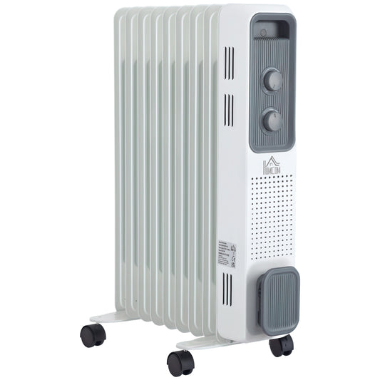 2000W Oil Filled Radiator, 9 Fin, Portable Electric Heater with 3 Heat Settings, Safety Cut-Off and Wheels, White
