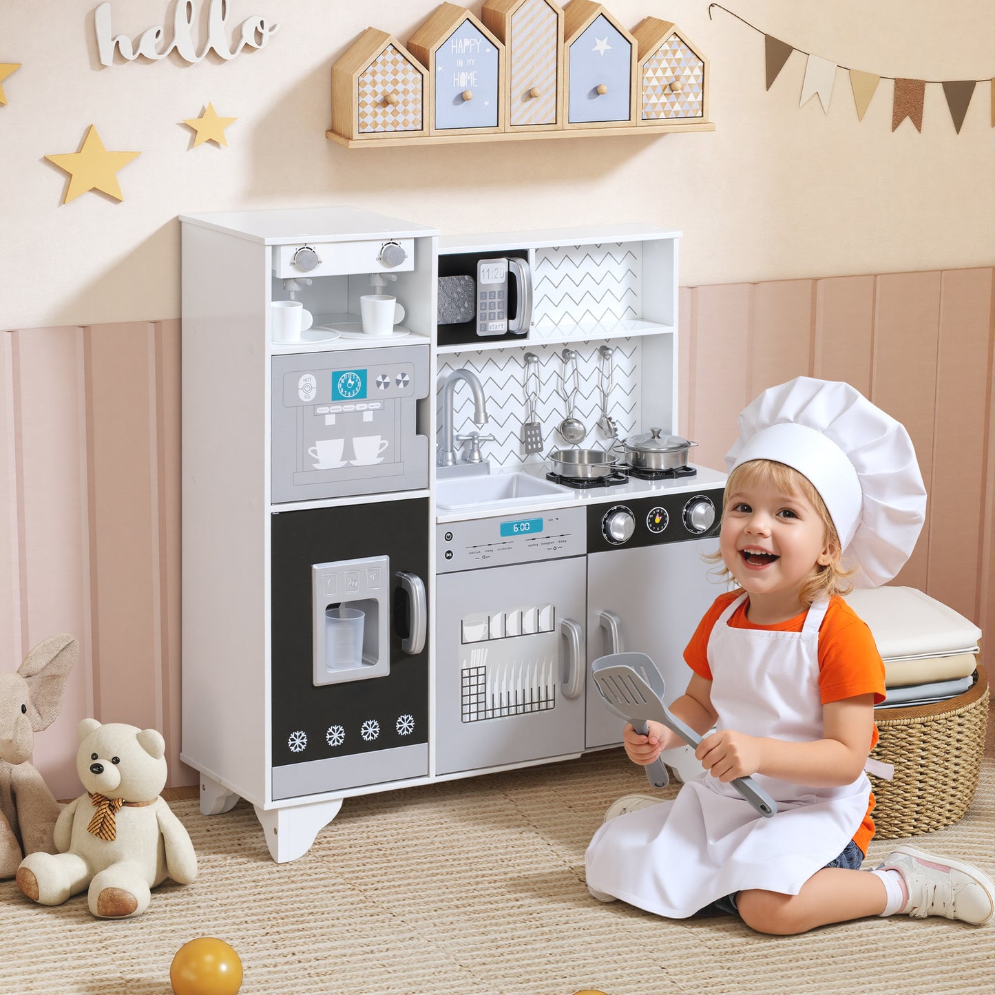 Kids Play Kitchen with Sound, Ice/Coffee Maker, Utensils, Microwave, Stainless Steel Utensils, for 3-6 Years