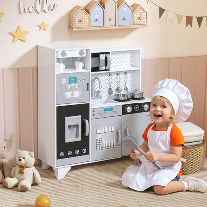 Kids Play Kitchen with Sound, Ice/Coffee Maker, Utensils, Microwave, Stainless Steel Utensils, for 3-6 Years