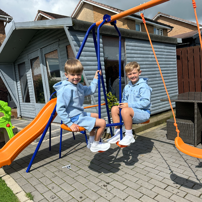 Four-In-One Metal Garden Swing Set, with Double Swings, Glider, Slider, Ladder - Orange and Blue