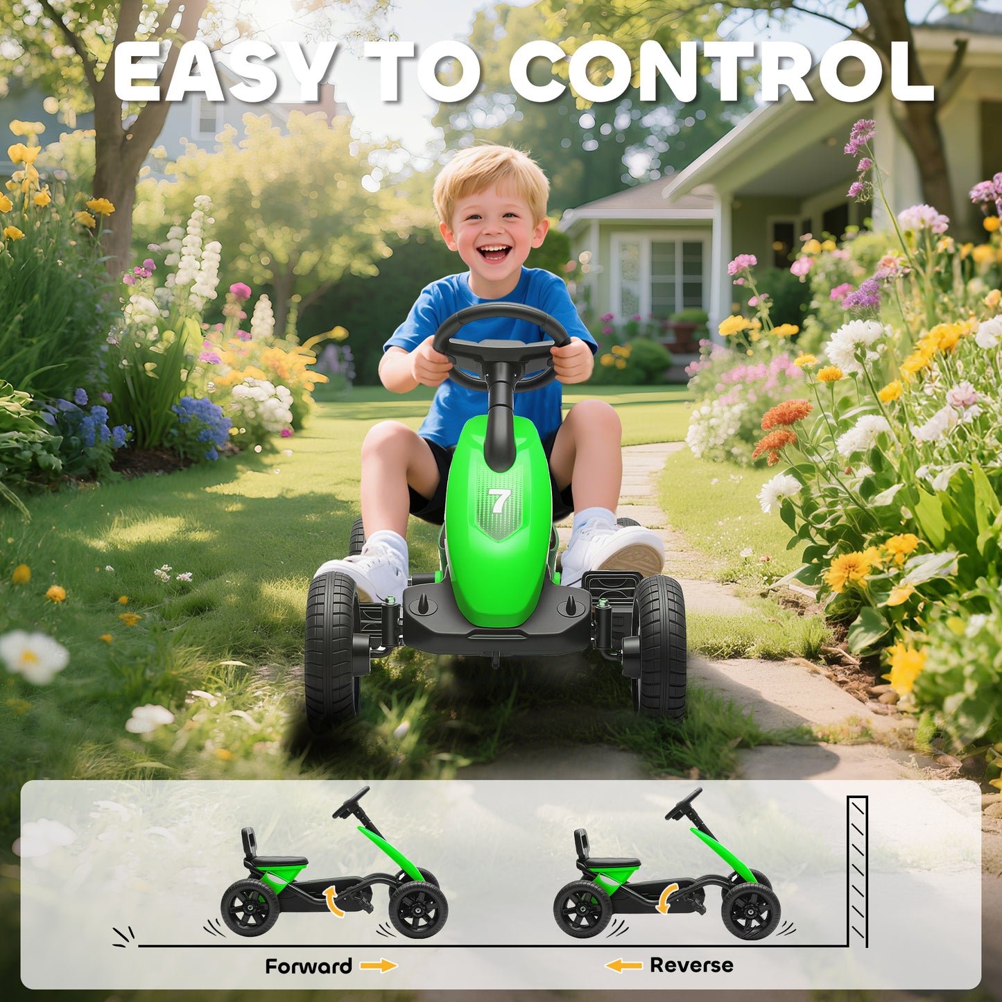 Pedal Go Kart for Kids 2-5 Years, with Silent EVA Wheels, Metal Frame, Green