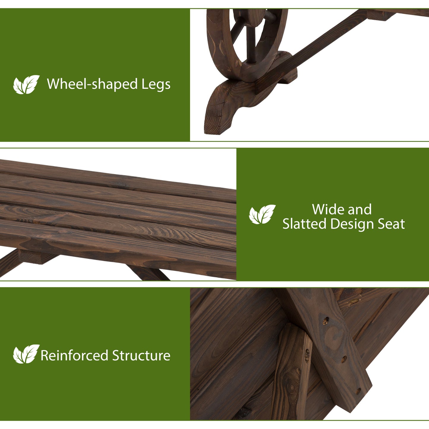 Garden Rustic Wooden Bench Wheel-Shaped Legs Slatted Seat Stable Reinforced Structure Outdoor Patio Garden 2-Person Bench Sea