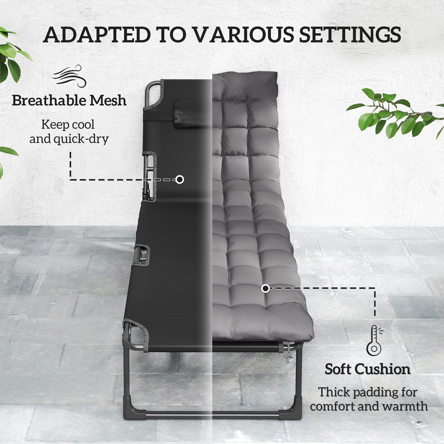 Folding Sun Lounger for Garden, 5-Position Oversized Camping Bed Recliner with Cushions, Dark Grey