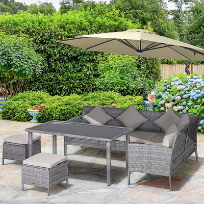 6-Seater Rattan Dining Set Sofa Table Footstool Outdoor w/ Cushion Garden Furniture