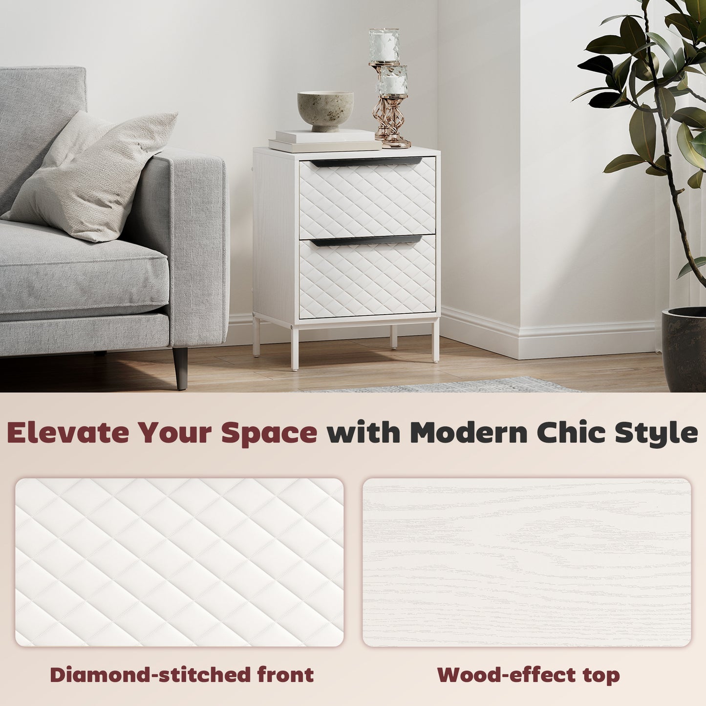 Chest of Drawers, Dresser with 2 Fabric Drawers and Aluminium Handles - White