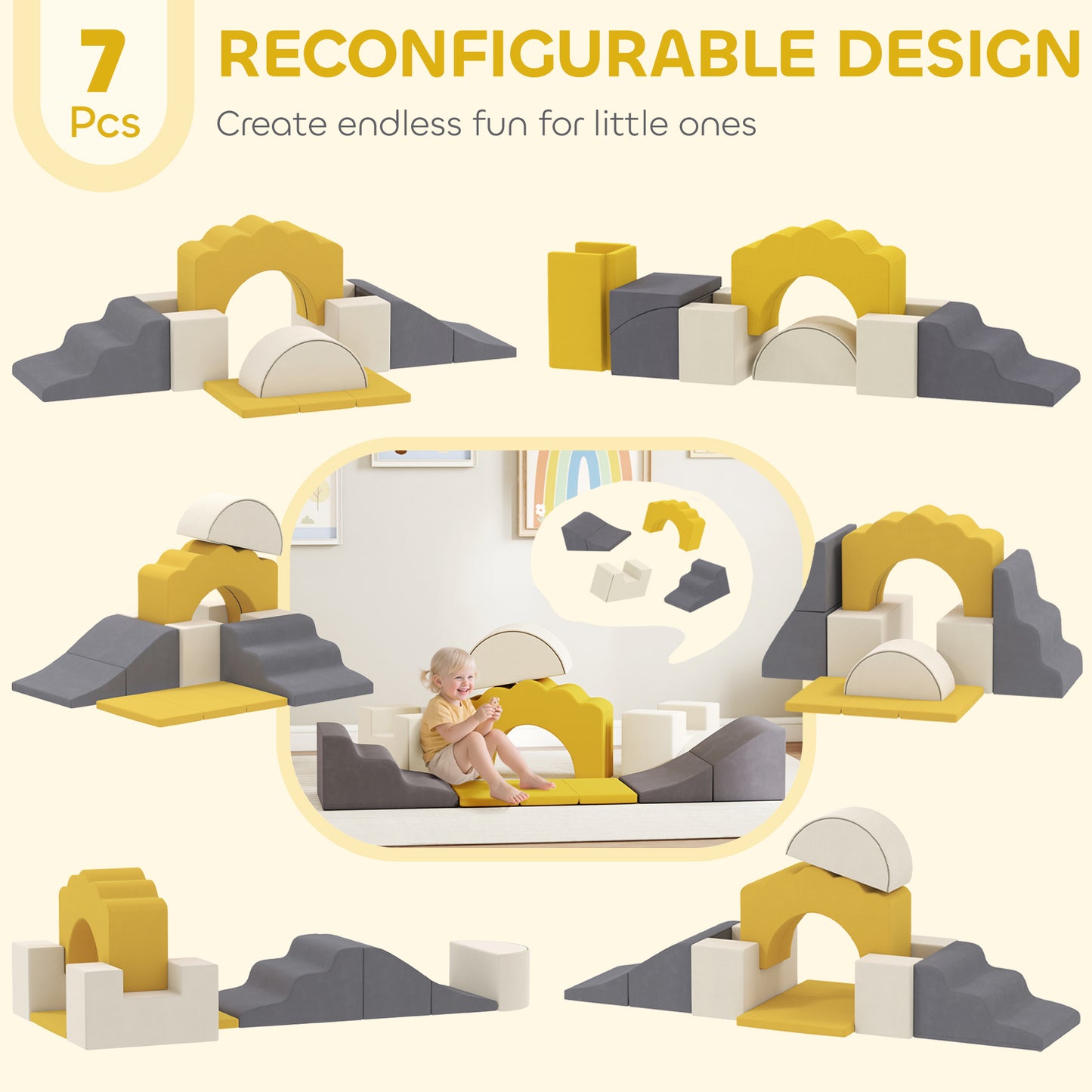 7 Piece Kids Soft Play Set with Detachable Cover, Baby Indoor Climb and Crawl Foam Toy for Toddlers, Yellow