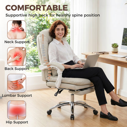 Ergonomic Executive Office Chair, Reclining Desk Chair with Lumbar Support, Footrest, Plush Thick Cushion, Khaki