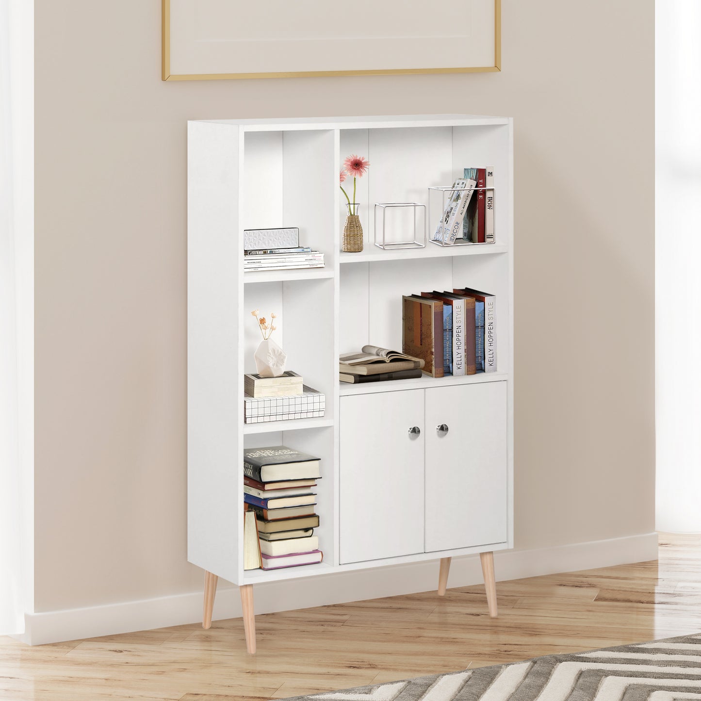Sideboard Storage Cabinet Cupboard, Open Bookcase with 2 Doors 5 Compartments Wooden Modern Style for Living Room Bedroom Kit