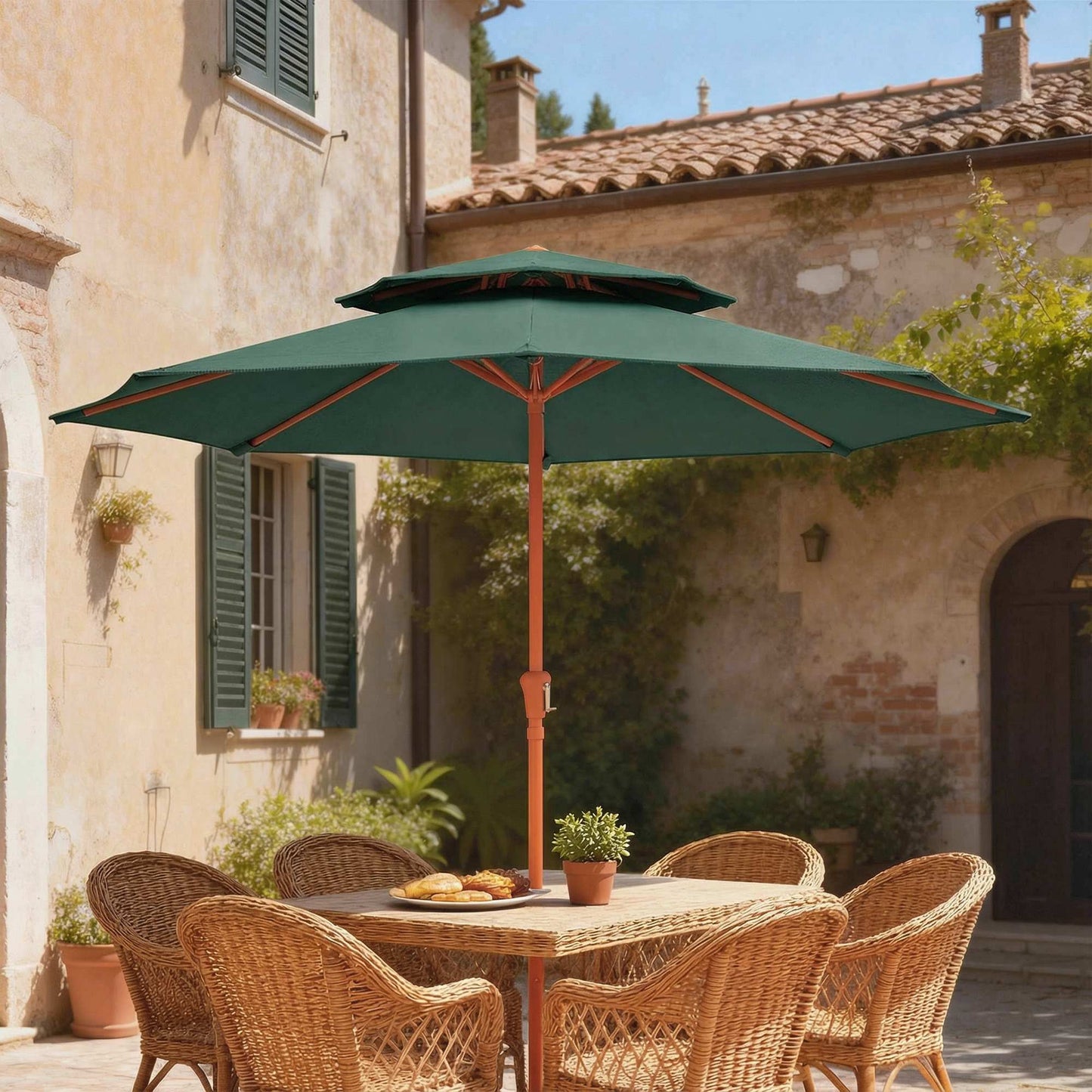 2.7 m Garden Parasol with Double Top Outdoor Market Table Umbrella with Crank System, Green