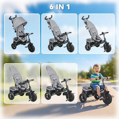 6 in 1 Kids Trike with Parent Handle, Canopy, 5-point Seat Belt, Storage, Footrest, Brake, for 1-5 Years, Grey