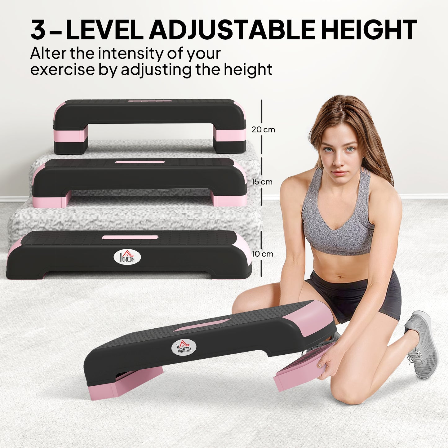 Aerobic Step with 3-Level Adjustable Heights for Home, Office Exercise, Black and Pink
