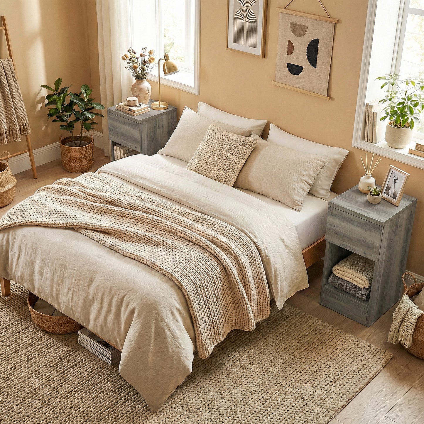 Set of Two Modern Storage Bedside Tables - Grey