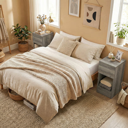 Set of Two Modern Storage Bedside Tables - Grey