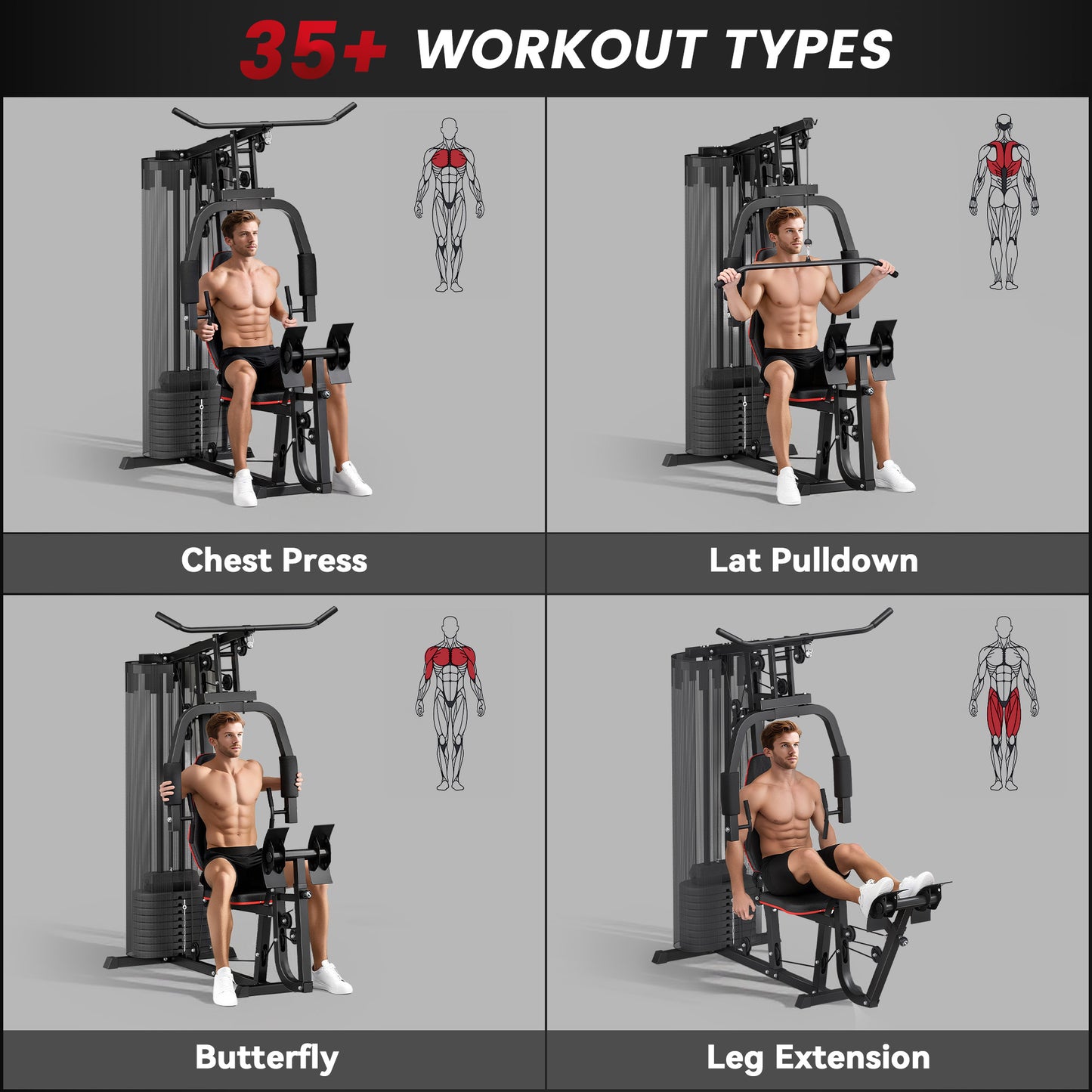 Weights Machine, Multi Gym with 45kg Weight Stack, Compact Home Gym Leg Press Machine for Full Body Training
