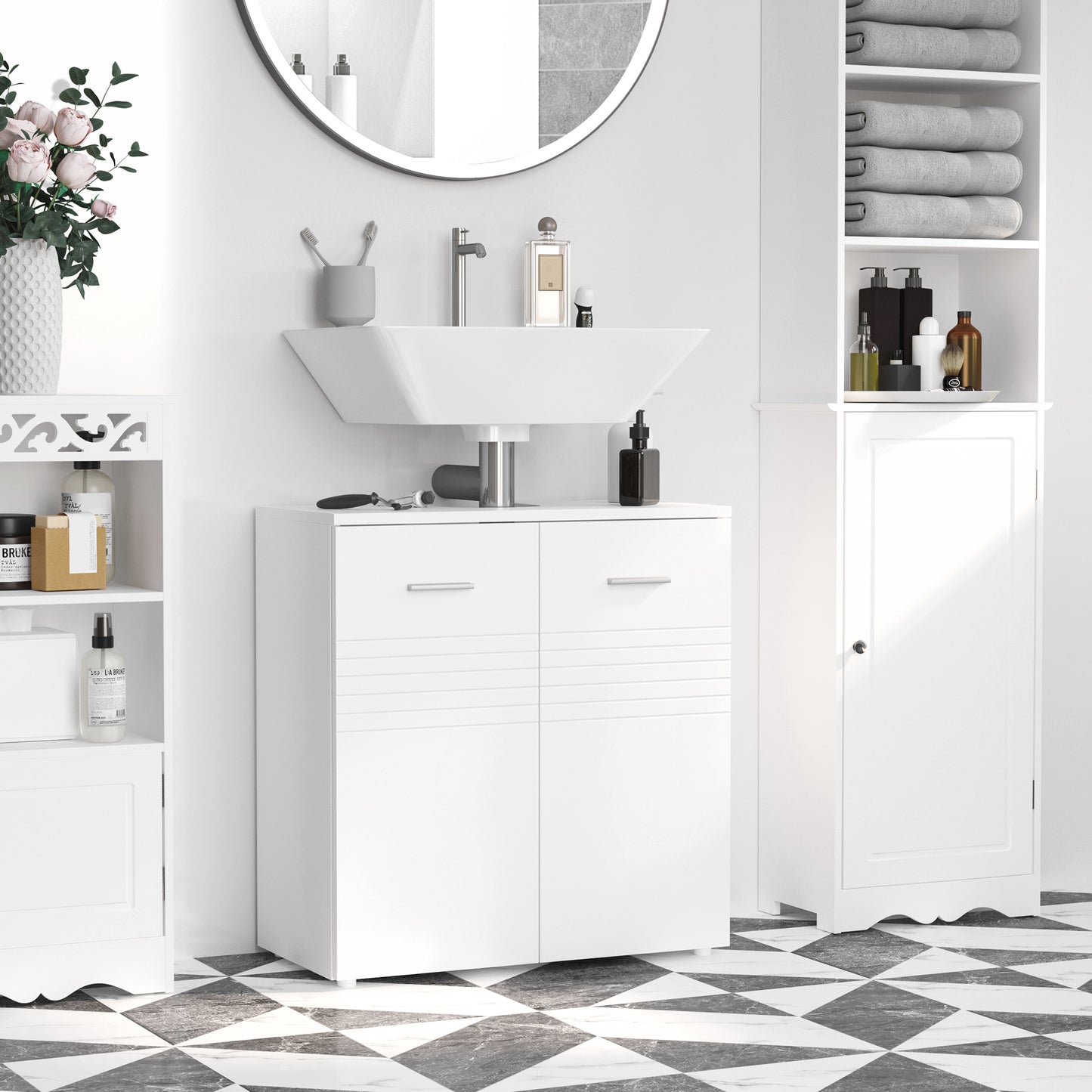 Under Sink Cabinet, Bathroom Vanity Unit, Pedestal Under Sink Design, Storage Cupboard with Adjustable Shelf, High Gloss