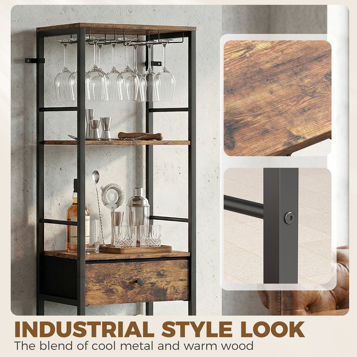 Industrial Wine Bar Cabinet Freestanding Liquor Cabinet 16-Bottle Wine Rack Glass Holder Rustic Brown