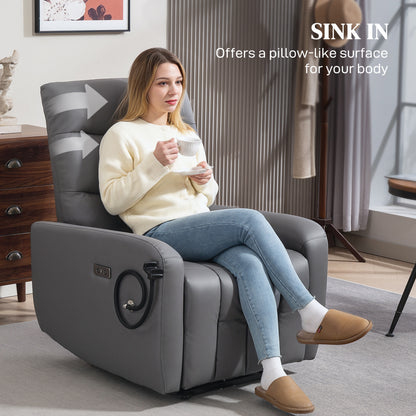 Electric Recliner Armchair with USB + Type C Charge Port, Phone Holder, PU Leather Reclining Chair with Adjustable Leg Rest