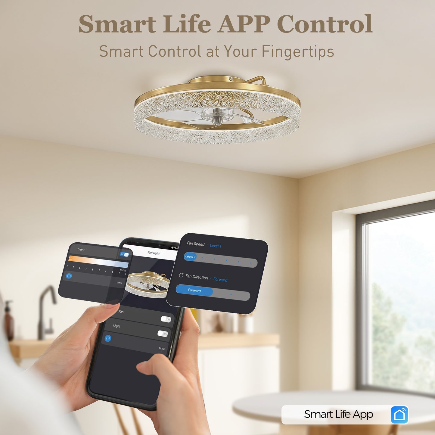 Ceiling Fan with Lights, Dimmable LED Mount Ceiling Fan Light with Remote App Control for Bedroom, Gold Tone
