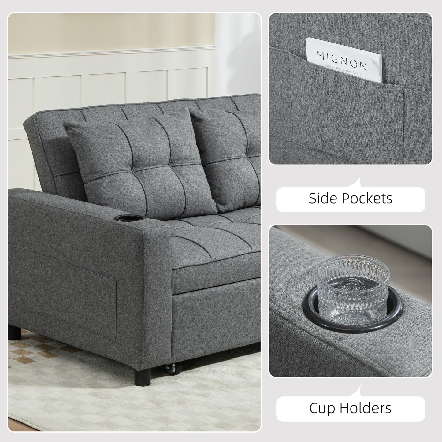2 Seater Sofa Bed Pull-Out Sofa Bed for Small Space - Charcoal Grey