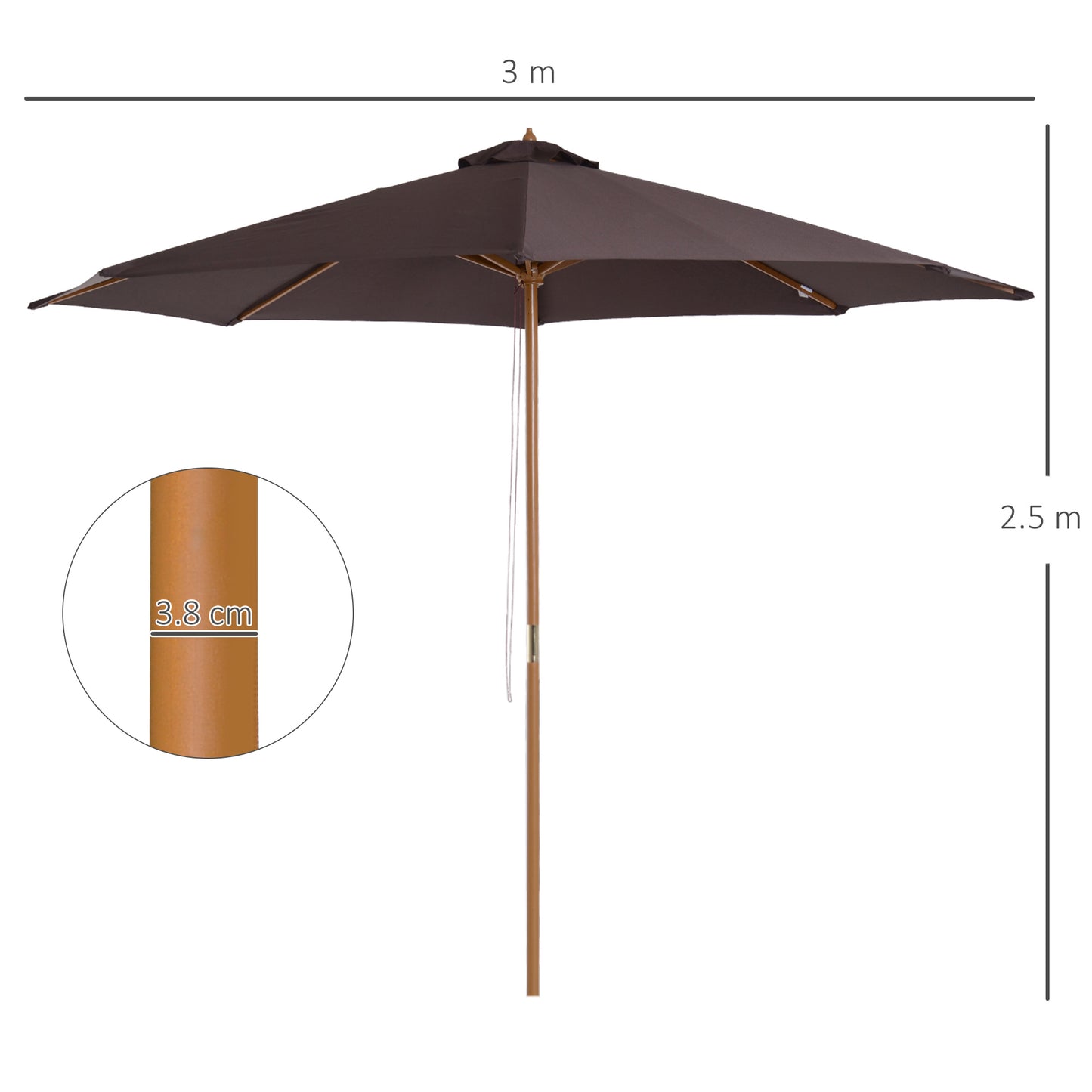 3(m) Garden Parasol, Pulley Operated Patio Umbrella, Wooden Parasol, Table Market Umbrella
