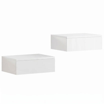 Floating Bedside Table Set of 2, Wall-Mounted Nightstand with High Gloss Finish & Storage Drawer, White