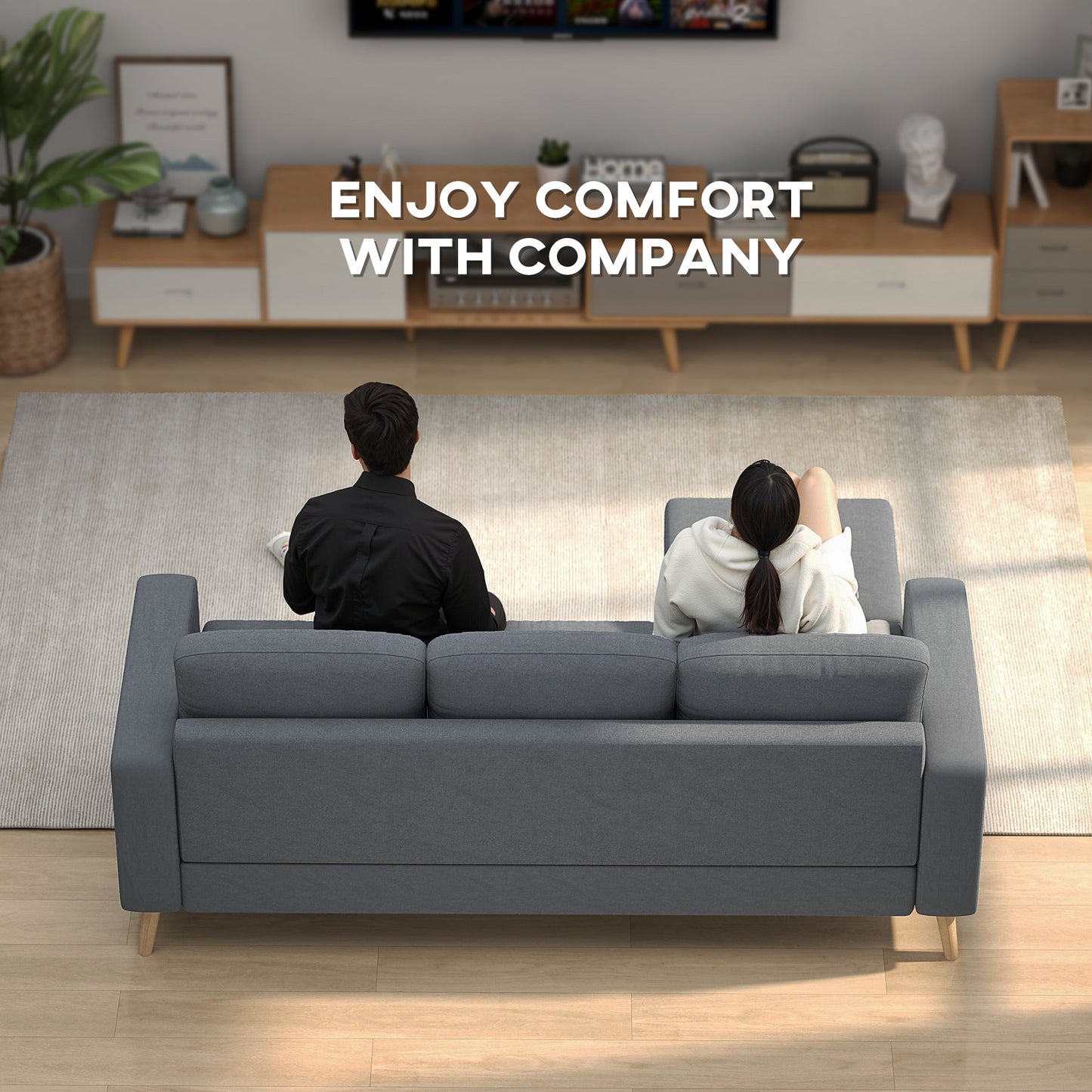 3 Seater Sofa with Footstool, Fabric L-Shaped Sofa, Sectional Couch with Wood Legs, Tufting Cushioned Back for Small Space