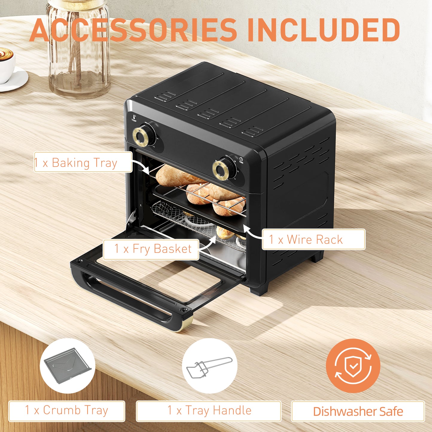 10L Air Fryer Oven, Mini Oven, Oil Free Cooking, Grill, Roast, Bake, with Adjustable Temperature, Timer, Dishwasher Safe