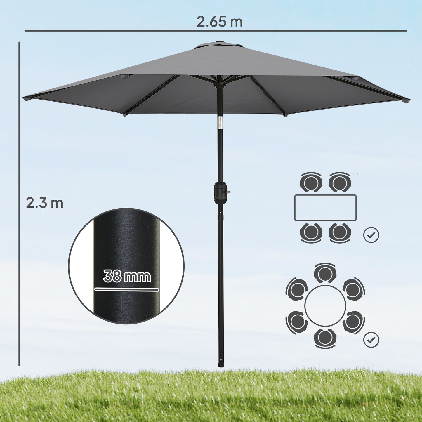 2.6 m Garden Parasol Umbrella with Aluminium Pole, Outdoor Patio Umbrella with Tilt and Crank, Vent, Grey