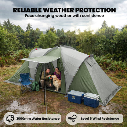 Family Camping Tent 3000mm Waterproof Windproof Tunnel Tent 6 Person Two Bedrooms Green