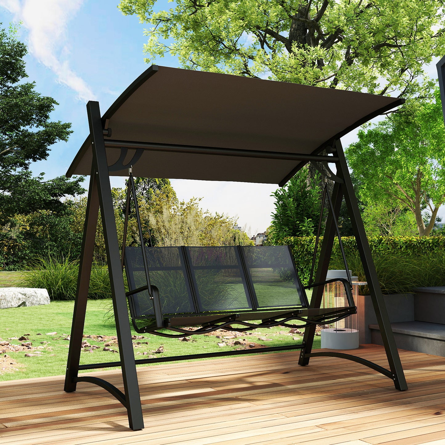 3 Seater Swing Chair, Garden Swing Bench with Adjustable Tilting Canopy, Breathable Mesh Seat 360 kg Capacity, Grey