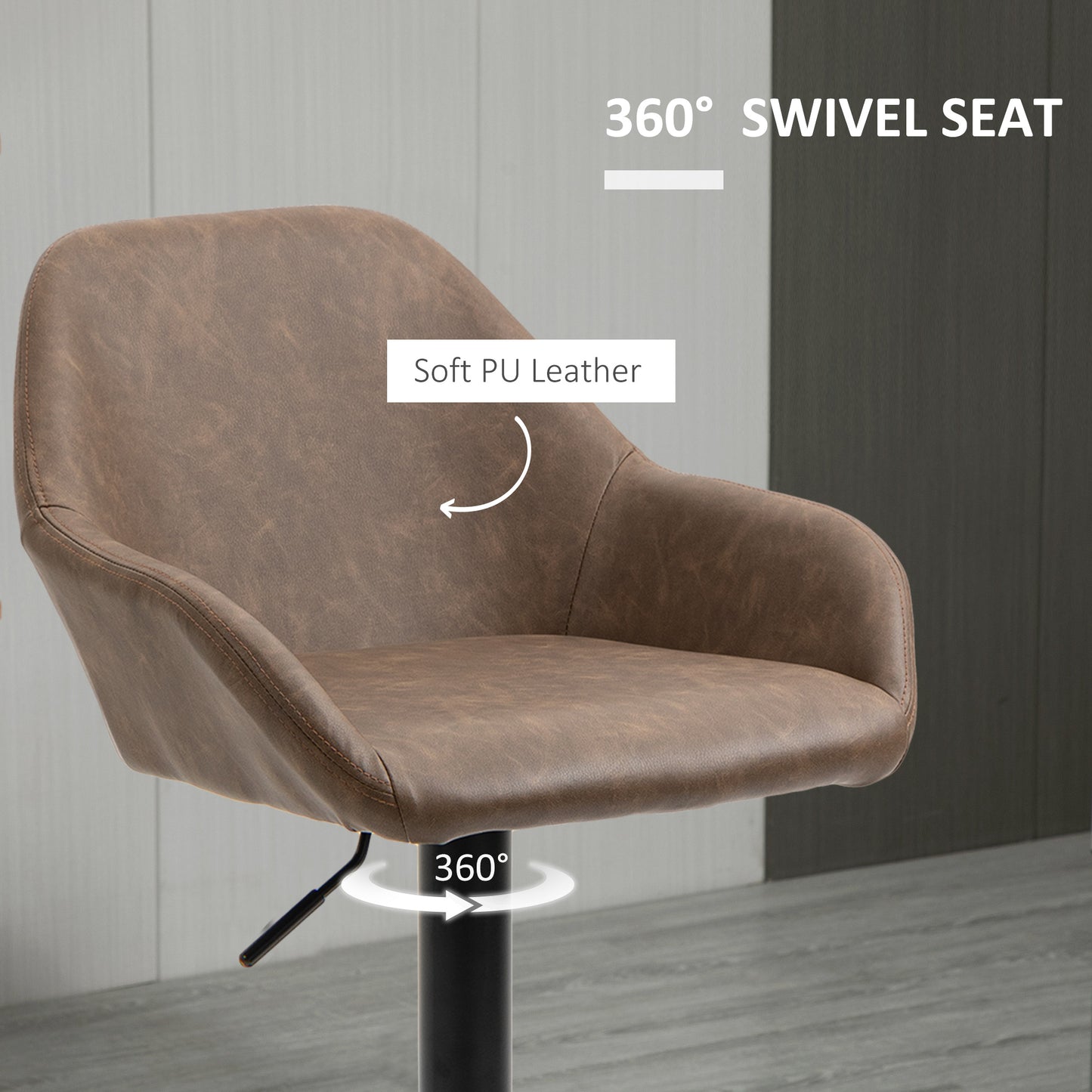 Bar Stools Set of 2, Height Adjustable Swivel Barstools, PU Leather Kitchen Stools with Backs
