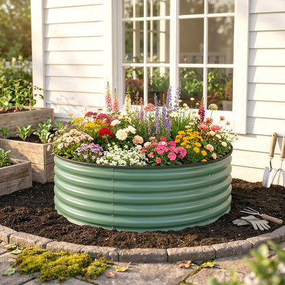 Galvanised Raised Garden Bed with Safety Edging, Outdoor Raised Planter Box with Gloves, 120 x 120 x 43cm, Light Green