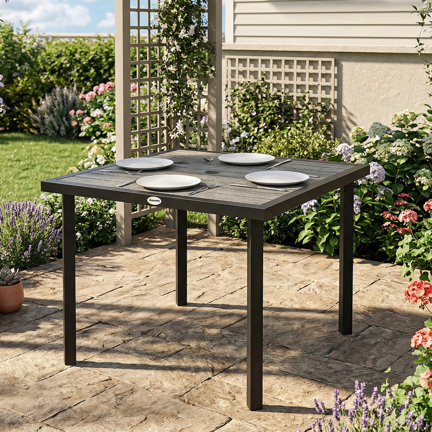 Square Garden Dining Table with Parasol Hole, Slatted Top, Metal Frame, 86 x 86 x 71 cm, Light Grey