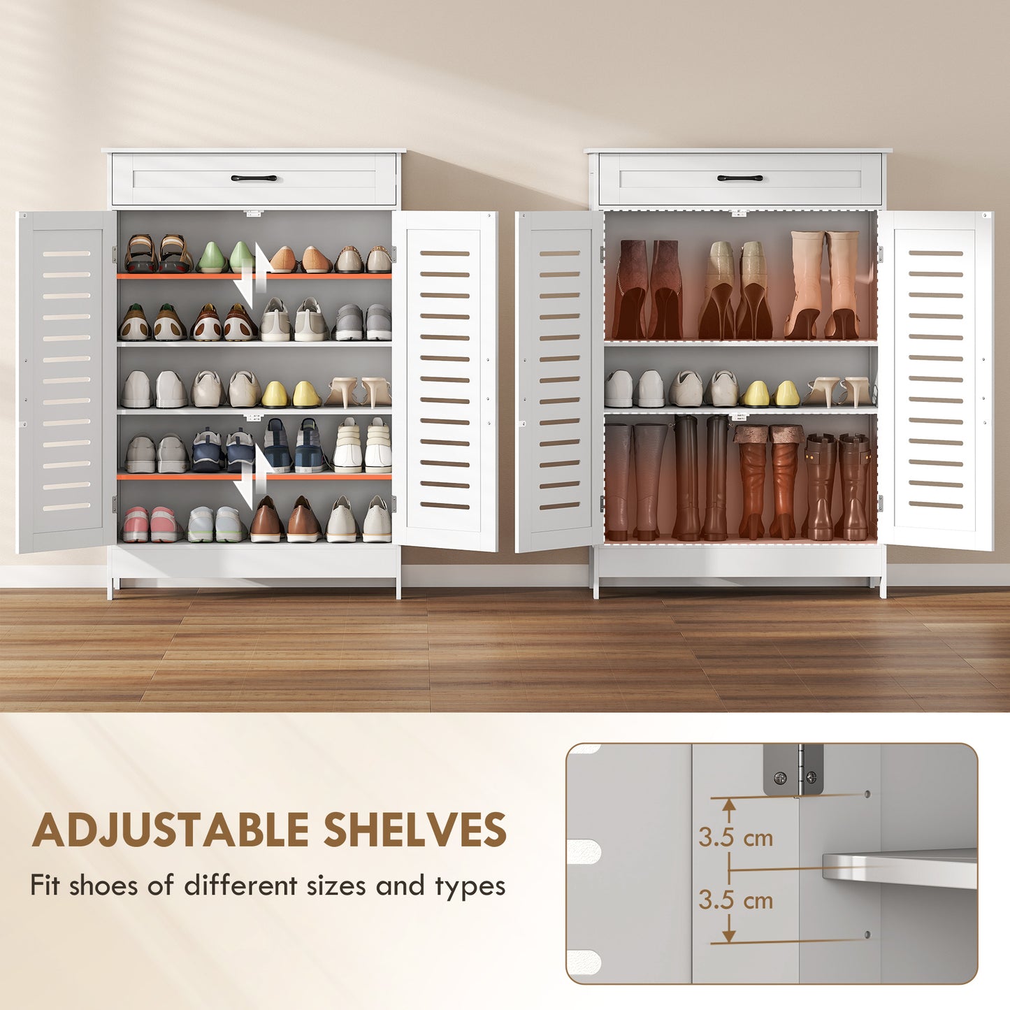 Shoe Cabinet with Louvered Doors, Modern Shoe Storage Cabinet with Drawer and Adjustable Shelves, White