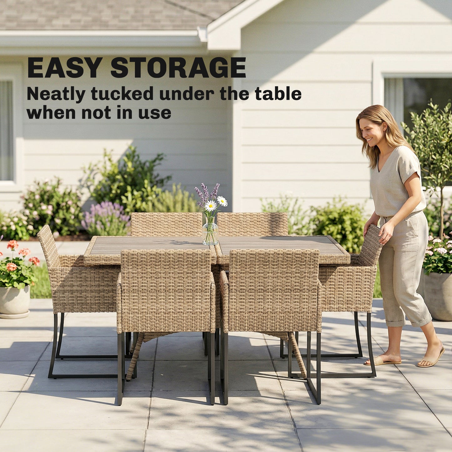 7 Piece Rattan Garden Furniture Set, Garden Dining Set with Wood-Plastic Table and 6 Stackable Chairs, Dark Grey