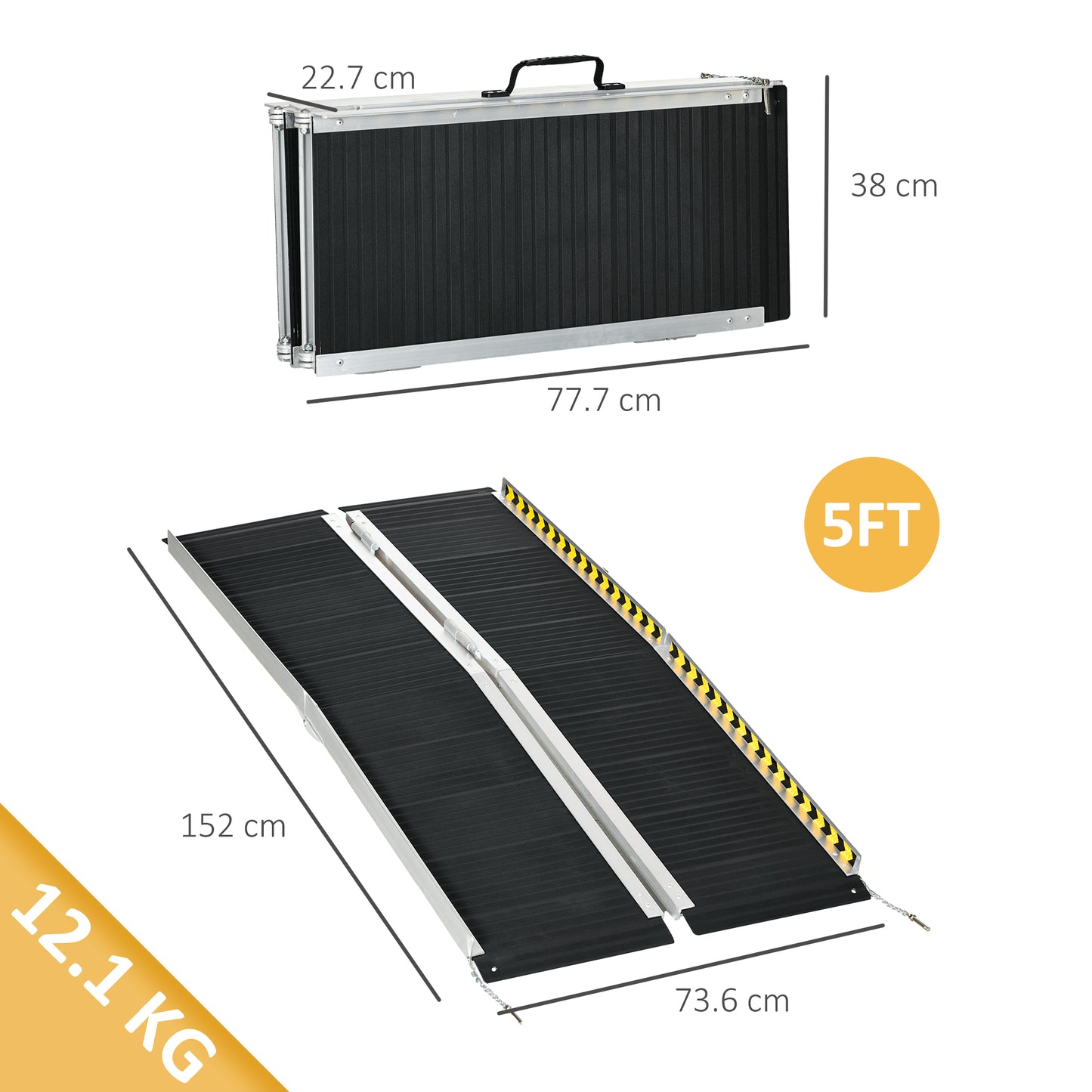 Wheelchair Ramp, 152L x 73Wcm, 272KG Capacity, Folding Aluminium Threshold Ramp with Non-Skid Surface