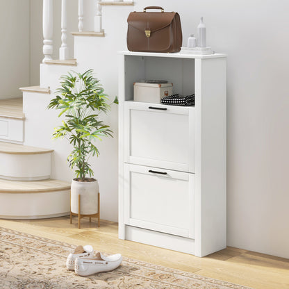 Modern Shoe Cabinet with 2 Flip Drawers and Adjustable Shelves, Narrow Shoe Storage Cabinet with Open Compartment