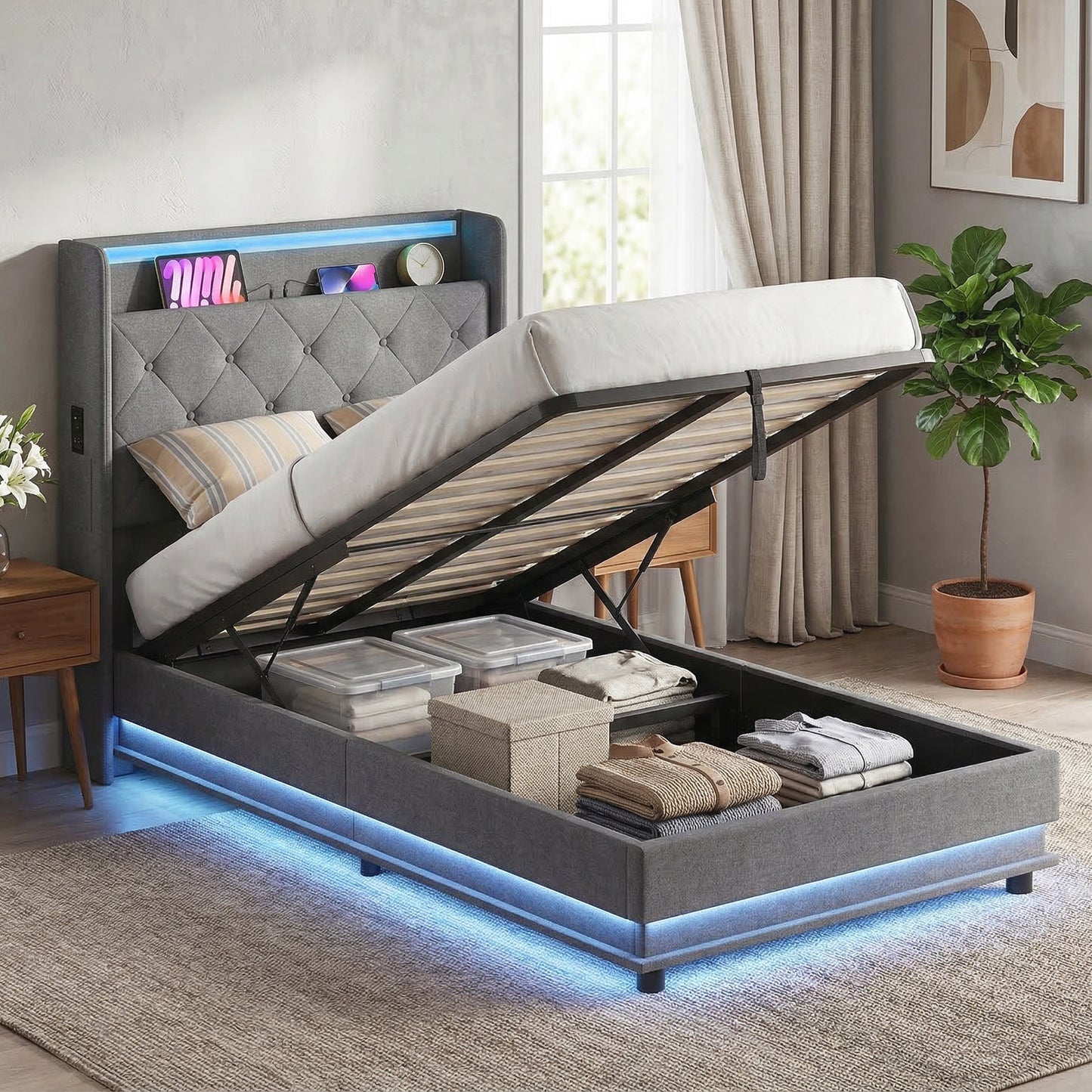 3ft Single Bed Frame with Headboard, Platform Bed Frame with Hydraulic Storage, LED Lights and Charging Station, Grey