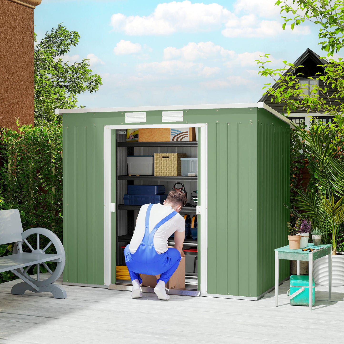 7 x 4ft Galvanised Steel Garden Shed, with Foundation Kit - Green