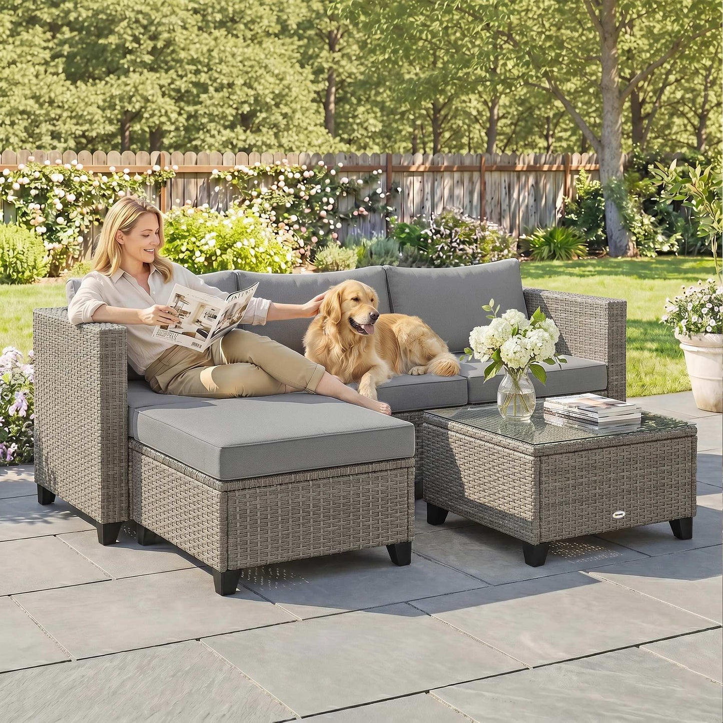 5-Piece Rattan Patio Furniture Set with Corner Sofa, Footstools, Coffee Table, for Poolside, Brown