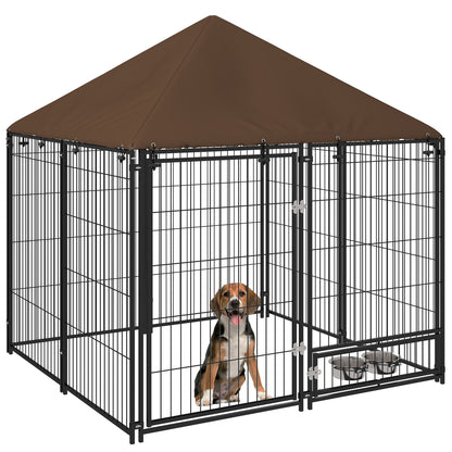 Outdoor Dog Kennel Puppy Play Pen with Canopy Garden Playpen Fence Crate Enclosure Cage Rotating Bowl 141 x 141 x 151 cm