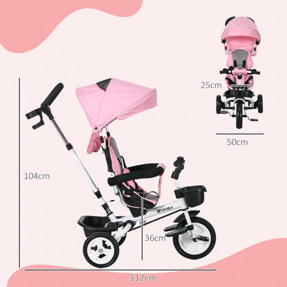 Metal Frame 6 in 1 Baby Push Tricycle with Parent Handle for 1-5 Years Old, Pink