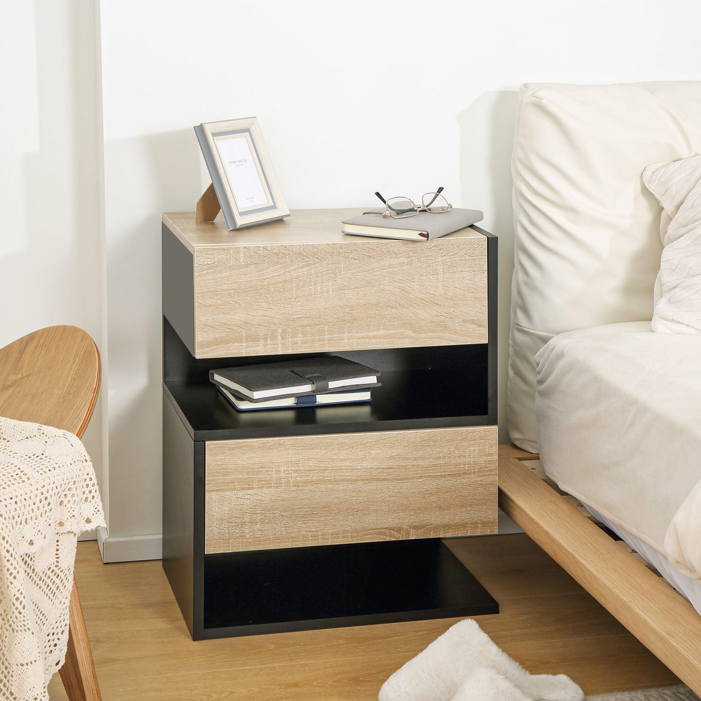 Floating Bedside Table Set of 2, Wall Mounted Bedside Cabinet with Drawer and Open Shelf, Modern Nightstand for Bedroom
