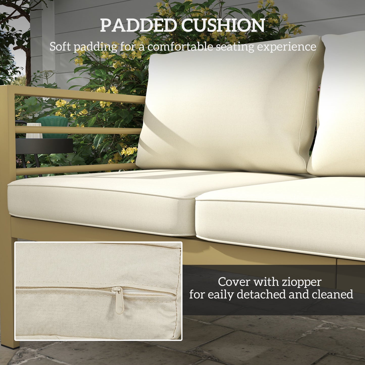Garden Bench with Cushions, 3-Seater Sofa with Backrest, Armrest and Back Cushions, 185 x 66 x 64cm, Cream White