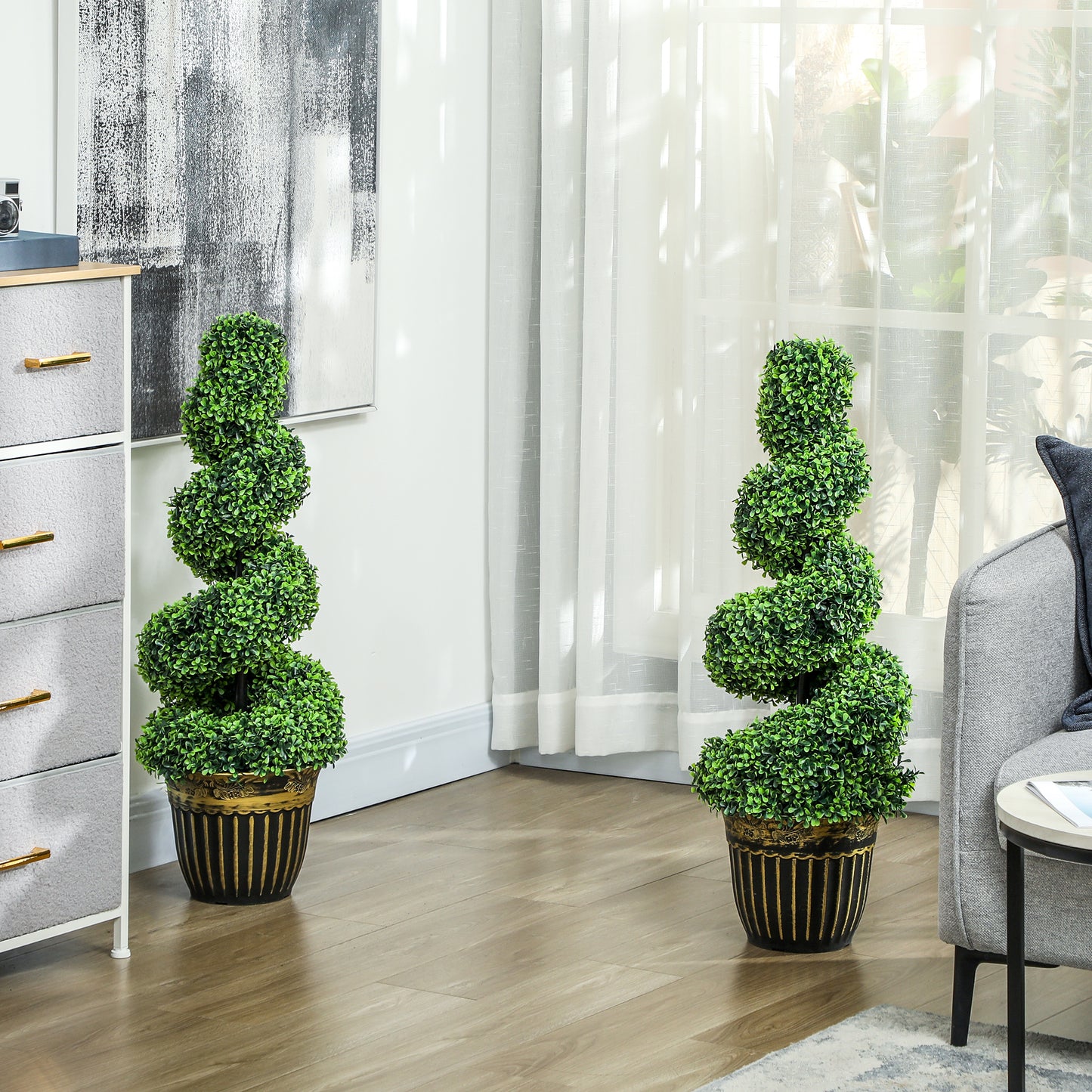 Set of 2 Artificial Plants, Topiary Spiral Boxwood Trees with Pot, for Home Indoor Outdoor Decor, 90cm