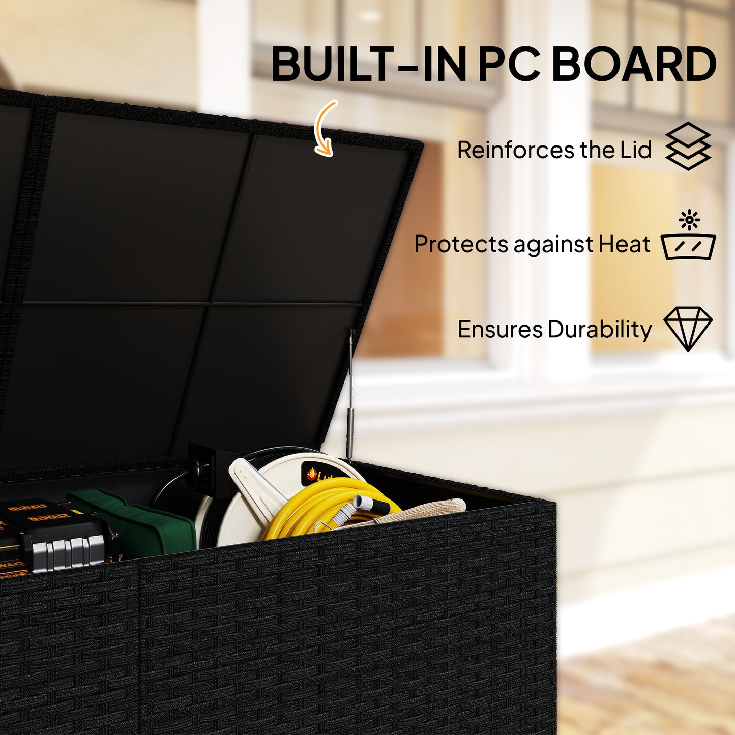 650L Garden Storage Box with 2 Wheels, Rattan Deck Box with Waterproof Zipped Liner, Safe Pneumatic Rods, Black