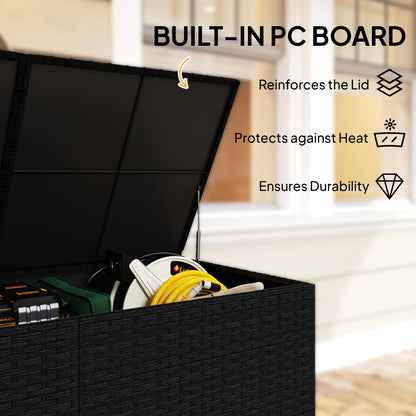 650L Garden Storage Box with 2 Wheels, Rattan Deck Box with Waterproof Zipped Liner, Safe Pneumatic Rods, Black