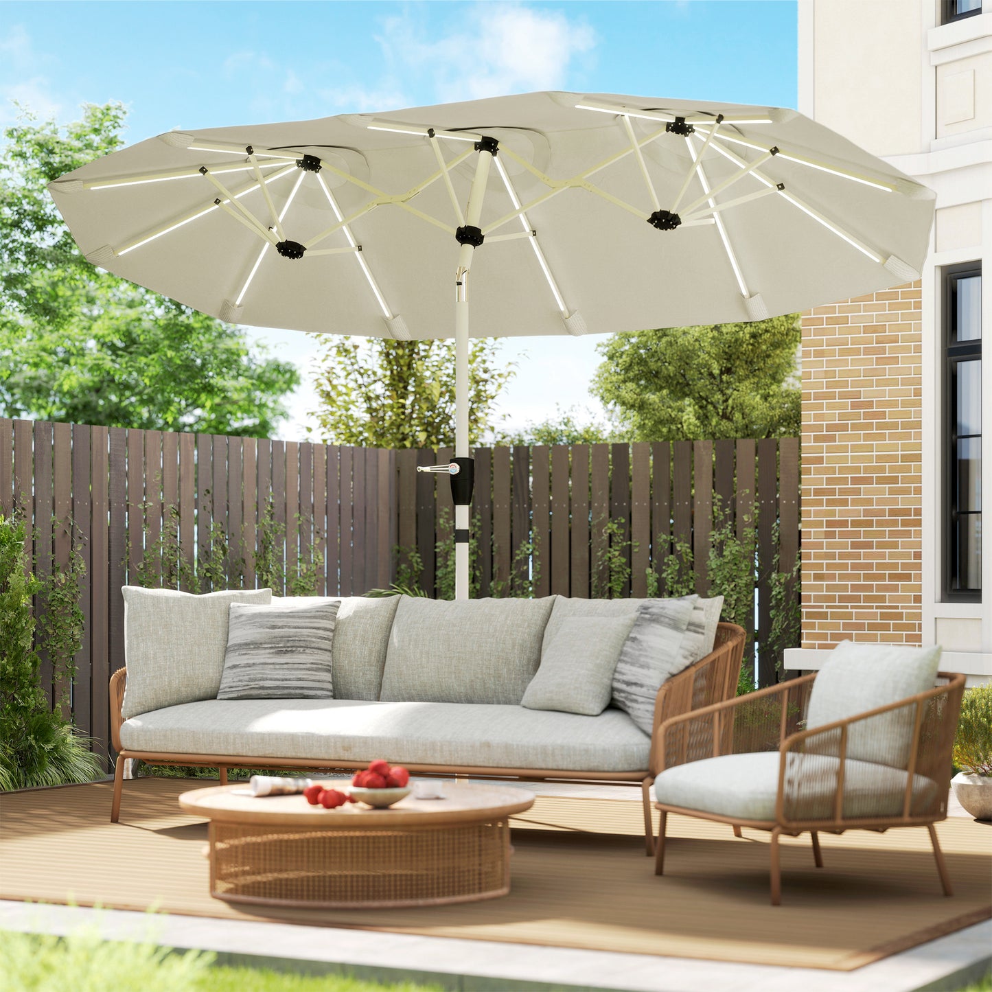 3 m Double-Sided Garden Parasol with LED Solar Lights, Tilt, Outdoor Extra Large Sun Umbrella with Crank Handle, Cream